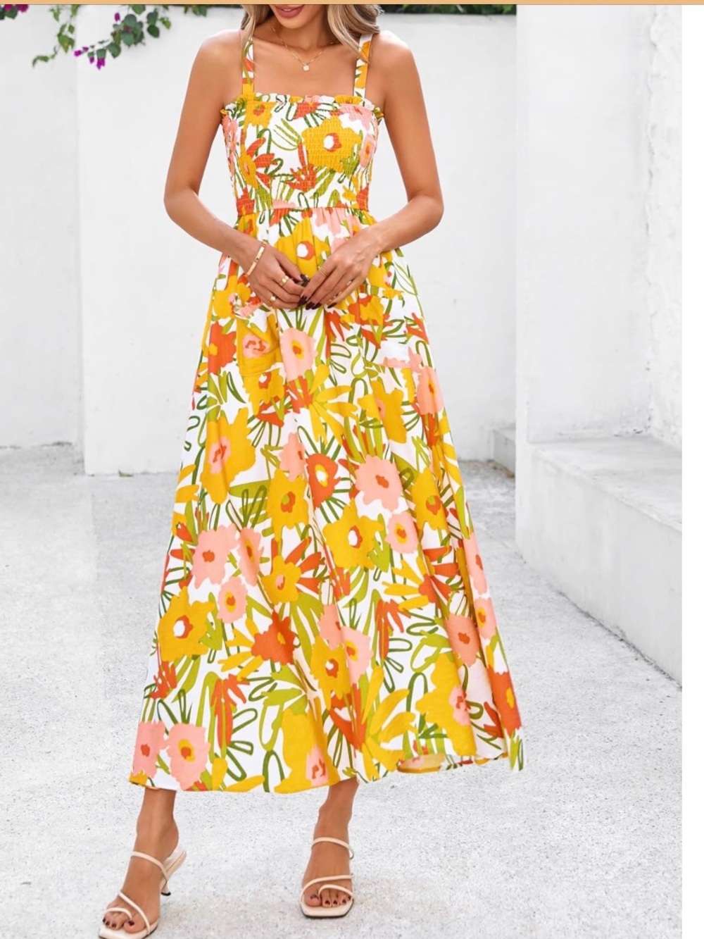 Pretty Garden women’s summer dress ruffle smocked flowy floral maxi pockets sz M